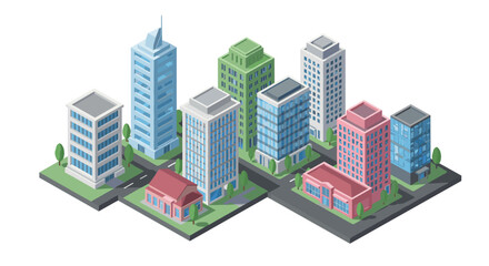 Obraz premium Isometric city buildings and streets with colorful architecture and design elements