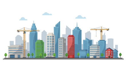 Fototapeta premium Modern urban skyline with construction cranes and tall buildings in flat style