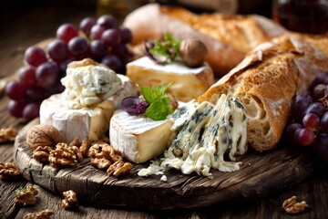 Gourmet French cheese platter featuring brie camembert roquefort grapes walnuts fresh baguette styled elegantly on rustic wooden board