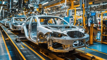 Automobiles on a production line in a factory.