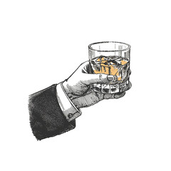 Sophisticated sketch of a hand holding a whiskey glass against a dark backdrop creating a high