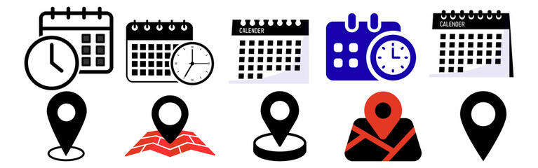 Calendar and clock icons, location with map icon, representing time management and event planning isolated on transparent background