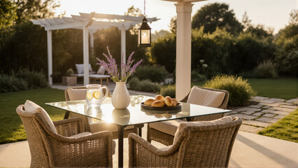 An elegant background for hospitality brands. A modern rattan dining set is in focus with a blurred, serene garden and golden sunlight.