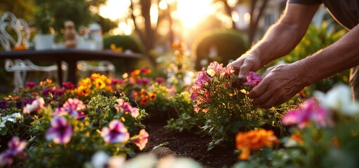 Close-up of hands arranging colorful flowers in a sunrise garden, with vibrant beds and garden furniture in the background, creating a serene, hopeful morning mood.
