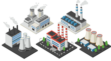Diverse isometric industrial factory set with modern architecture