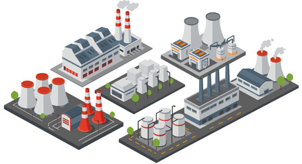 Isometric industrial plant with factories and cooling towers on white background