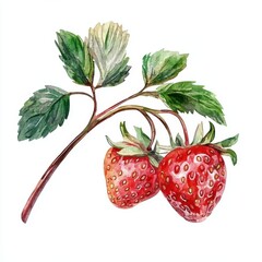 Watercolor strawberry branch, gentle, elegant on white background