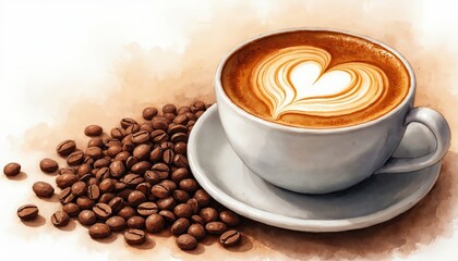 Obraz premium Watercolor painting features white cup of coffee with latte art heart design. Freshly roasted coffee beans surround mug on saucer. Warm, delicious beverage perfect for morning energy boost cozy