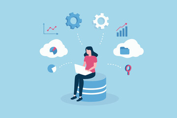 Woman working on laptop with data analytics cloud computing and business growth icons surrounding her