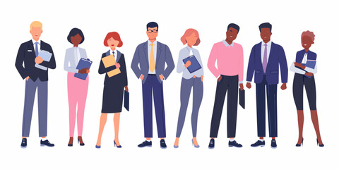 Diverse group of business professionals standing together in smart casual attire holding documents and folders