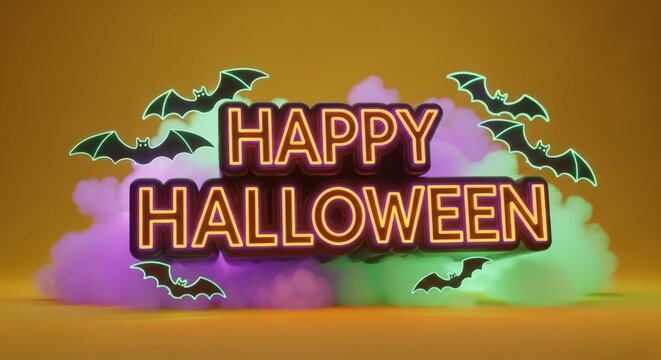 Spooky neon bats and clouds celebrate a vibrant Happy Halloween greeting