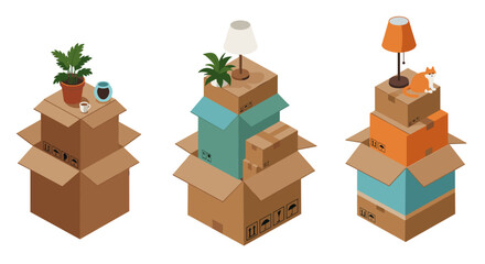 Fototapeta premium Isometric cardboard boxes with decor and plants