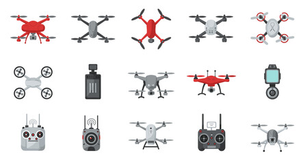 Fototapeta premium Diverse collection of modern drone designs and accessories in flat style