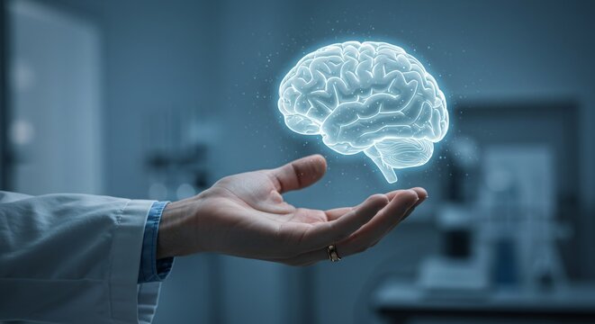 A caucasian doctor's hand holds a glowing blue digital brain, representing artificial intelligence in healthcare and technological innovation.