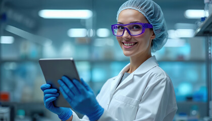 Smiling female scientist in laboratory wearing lab coat, protective goggles, hair net, blue gloves. Holds tablet, looking at camera. Modern research workspace with medical equipment, clean