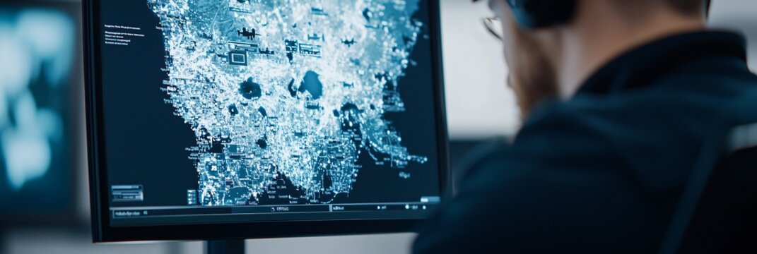 Medium close up of radar operator analyzing UAV detection data on digital screen.