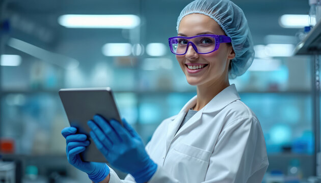 Smiling female scientist in laboratory wearing lab coat, protective goggles, hair net, blue gloves. Holds tablet, looking at camera. Modern research workspace with medical equipment, clean