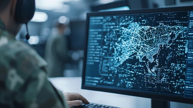 Medium close up of radar operator analyzing UAV detection data on digital screen.