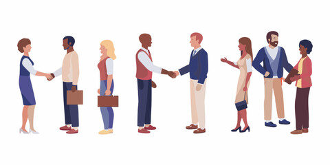 Obraz premium Diverse group of business professionals shaking hands and interacting in a modern flat illustration style