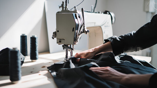 Close-up of artisan sewing fabric on industrial machine in bright studio light - Powered by Adobe