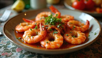 Enjoy plump garlic shrimp, gambas al ajillo, seasoned with chili, herbs. Served hot in earthenware dish with rich olive oil sauce. Delightful Spanish tapa perfect for sharing, traditional cuisine.