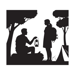 Black man and woman camping scene silhouettes isolated on a white background.