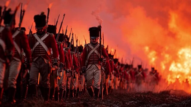 A dramatic scene depicting soldiers marching through flames, showcasing the intensity of war and historical reenactments.