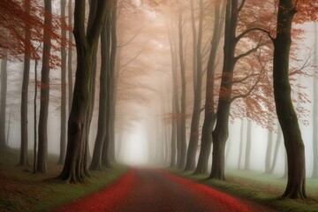 Herbstlicher Waldweg mit Nebel, hohen B&auml;umen und roten Bl&auml;ttern in mystischer und ruhiger Atmosph&auml;re