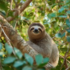Fototapeta premium Brown Sloth Resting on Tree Branch in Lush Green Rainforest