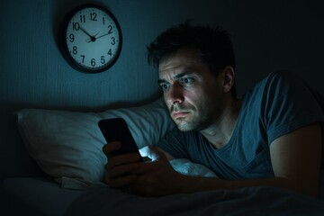 Man lying in bed late at night using smartphone with worried expression and illuminated face, clock showing 2 AM on dark bedroom wall background. Ai generative