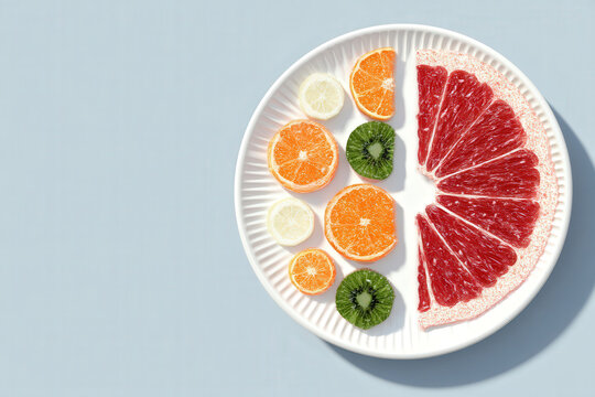 Weight Loss Precision Nutrition Concept, Precision nutrition for anti aging weight loss displayed white plate with fresh grapefruit kumquat citrus