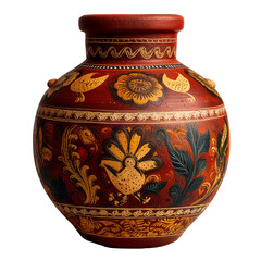 Ornate painted clay pot with floral and bird designs for home decor art isolated on transparent background