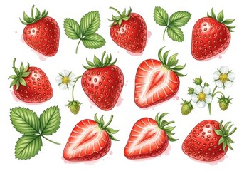 A detailed, digital illustration showcases multiple ripe strawberries, leaves, and white blossoms against a clean background