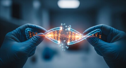 Scientist in gloves holding a conceptual 3D DNA strand model. Genetic research and genomic analysis in a laboratory setting for science.