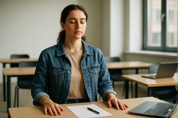 Young woman meditating with eyes closed during a break in a quiet classroom, seated at desk with laptop and paper on light background. Ai generative