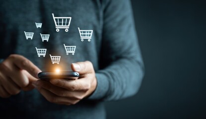 A person holding a smartphone with shopping cart icons
