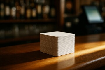 Stack of blank square paper coasters on wooden bar counter with warm light and blurred bottles in background, minimal branding concept setup. Ai generative