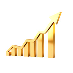 Glossy golden 3d graph chart with arrow Growing Up Positive Trend Isolated Transparent isolated on w