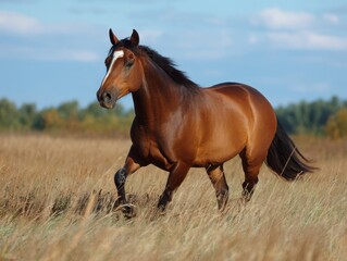 Chestnut Horse Galloping Across Golden Field Under Blue Sky