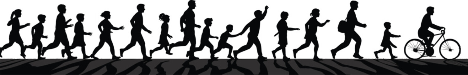 Silhouette of people running together, children and adults in motion, community activity, fitness lifestyle, family fun, teamwork concept, shadow reflections, healthy outdoor group