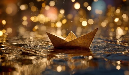 Golden paper boat on water with bokeh lights