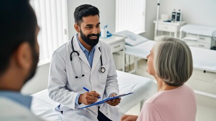 A smiling male doctor in a white coat with a stethoscope around his neck is sitting on an examination table and writing on a clipboard while talking to an elderly female patient in a doctors office - Powered by Adobe