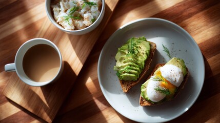 Avocado toast and poached eggs on a plate are on a wood table with a bowl and coffee