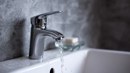 The close-up of the modern faucet in the city bathroom highlights its sleek design and smooth surface, with decorative items such as a soap dish or hand wash bottle adorning the white countertop.
