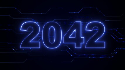 Digital Data moving on Circuit Board and CPU in form of 2042 happy new year digits. Abstract high tech Artificial intelligence (AI), data mining, modern computer technology surface.