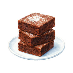 Watercolor Stack of Chocolate Brownies with Sugar Powder Illustration