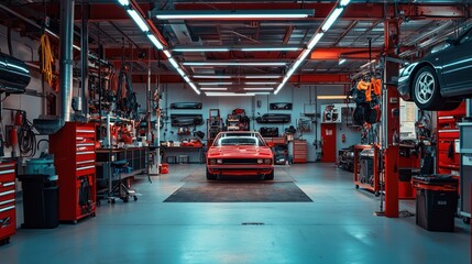 Naklejka premium A red car parked in a workshop with various tools and equipment.