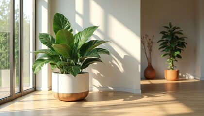 Fototapeta premium Modern interior rich green foliage plant in large white pot with wooden base. Light wood floor, white wall, large windows, natural sunlight creates shadows. Another plant in terracotta pot in