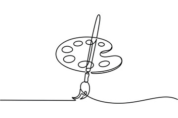Minimalist single line drawing of an artist s palette and brush