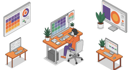 Naklejka premium Isometric office workspace with computers and plants for creative work